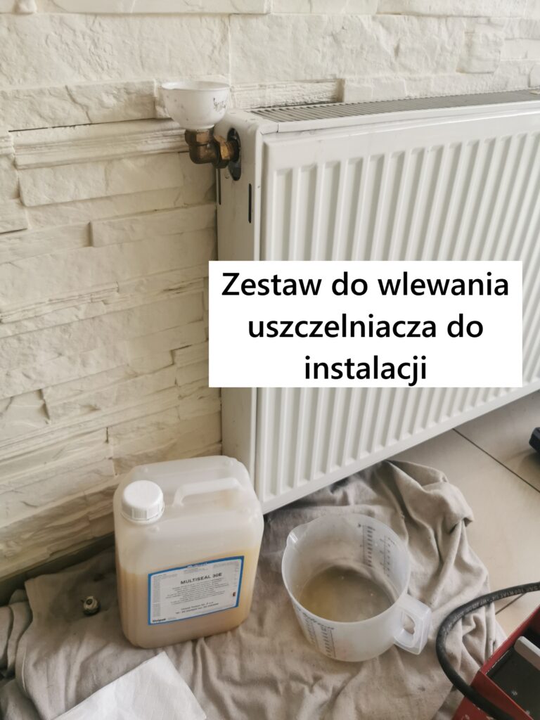 Zestaw do wlewania uszczelniacza do instalacji grzewczej – lejek zamontowany w grzejniku, kanister Multiseal miarka z preparatem.